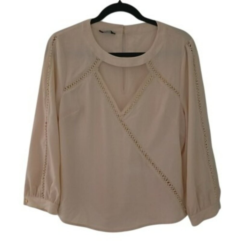 Bebe Blouse With Crochet Details & Keyhole Back Womens Beige Long Sleeve Size L